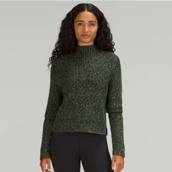 Lululemon Cotton-Cashmere Blend Mock Neck Sweater in Green Blue Black size 8 - Picture 2 of 10